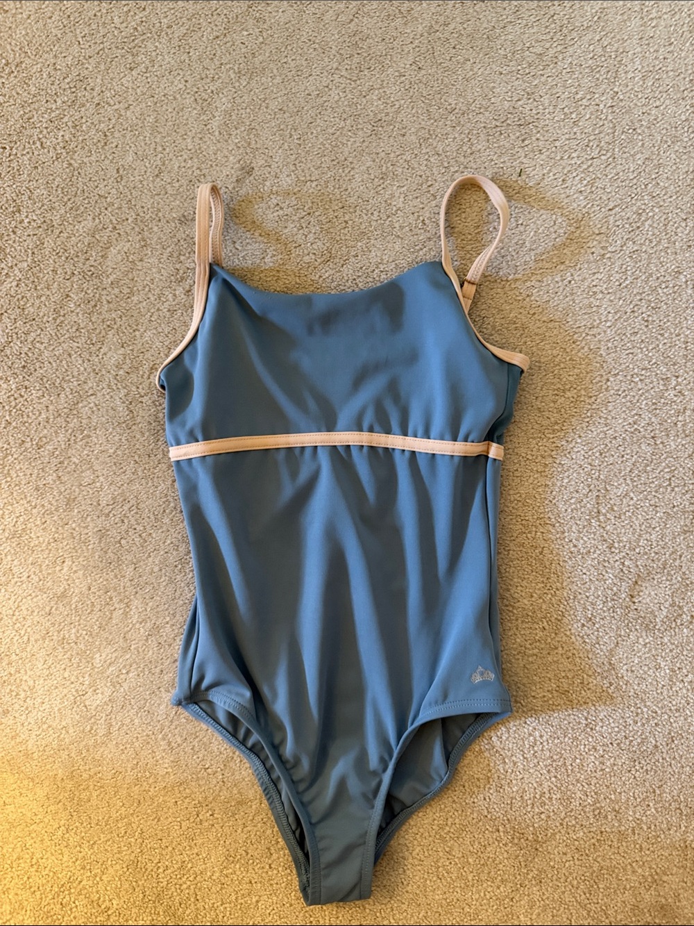 Girls Blue Dance Costume Leotard with Tan Trim